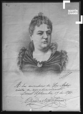 Reproducción fotográfica de retrato de Clorinda Matto de Turner, en el retrato se inscribe una dedicatoria: &quot; A los suscritores de Los Andes :  visita de agradecimiento Lima septiembre 17 de 1894 .Clorinda matto de Turner&quot;