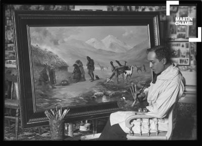 Manuel Figuero Aznar pintando el cuadro &quot;Amores y celos Andinos&quot;