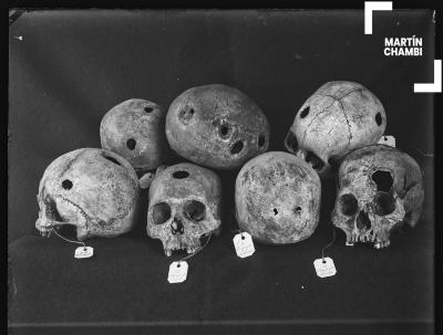 Cráneos trepanados con etiquetas numeradas de procedencia. En las etiquetas se inscriben las palabras: Yanapata, Choquepata Ollanta, Hiriyuyoc Occobamba[sic], Hiriypayoc[sic]